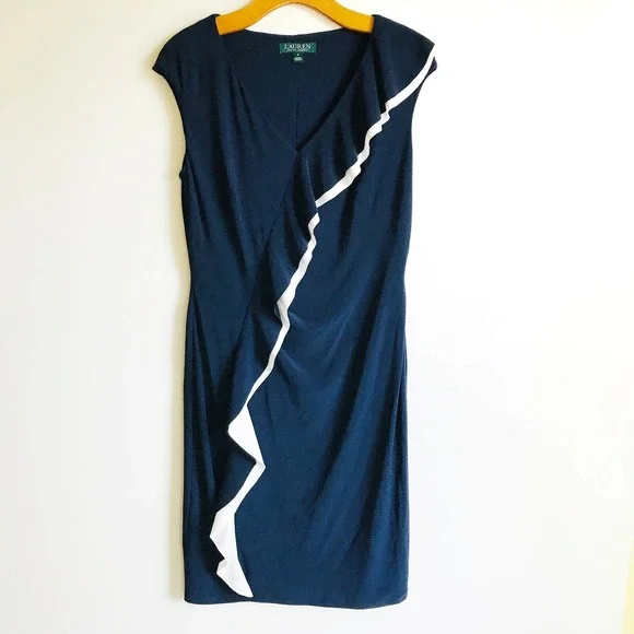 NWT Lauren Ralph Lauren Women Navy/White Midge‎ Two Tone Ruffle Sheath Dress sz6 - Picture 2 of 9